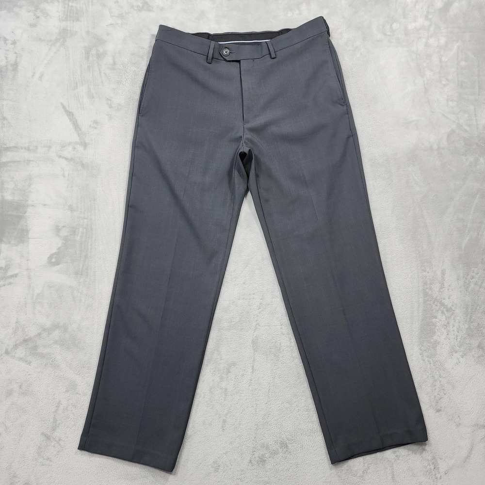Haggar Pants Mens 34x30 Gray Classic Fit ECLo Stria Dress Flat Front Office